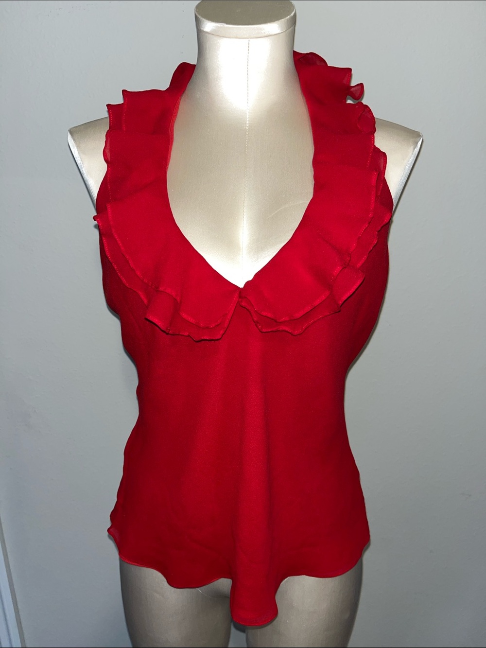Vintage Silk Red Ruffle V-Neck halter blouse top